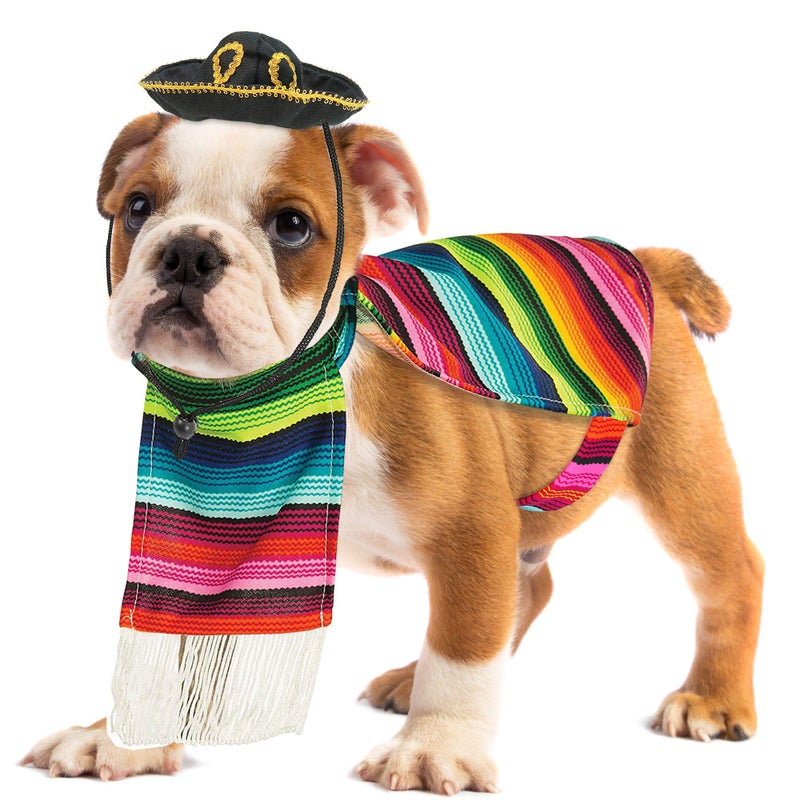 Skeleteen Mexican Serape Dog Costume - Cinco de Mayo Poncho and Sombrero Costumes for Pets (Size L) - Small Breeds Multicolored - Image 1